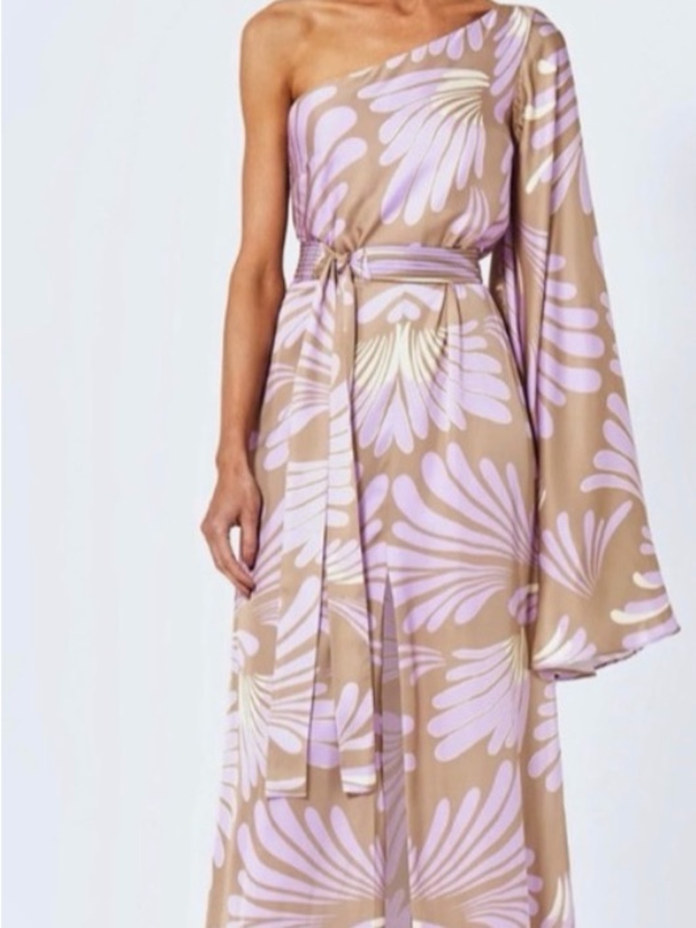 Alexis One-Shoulder Beige and Lilac Floral-Print Maxi Dress
